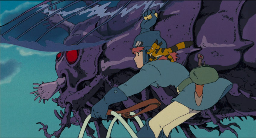 Nausicaa with her sidekick and glider helping a bug