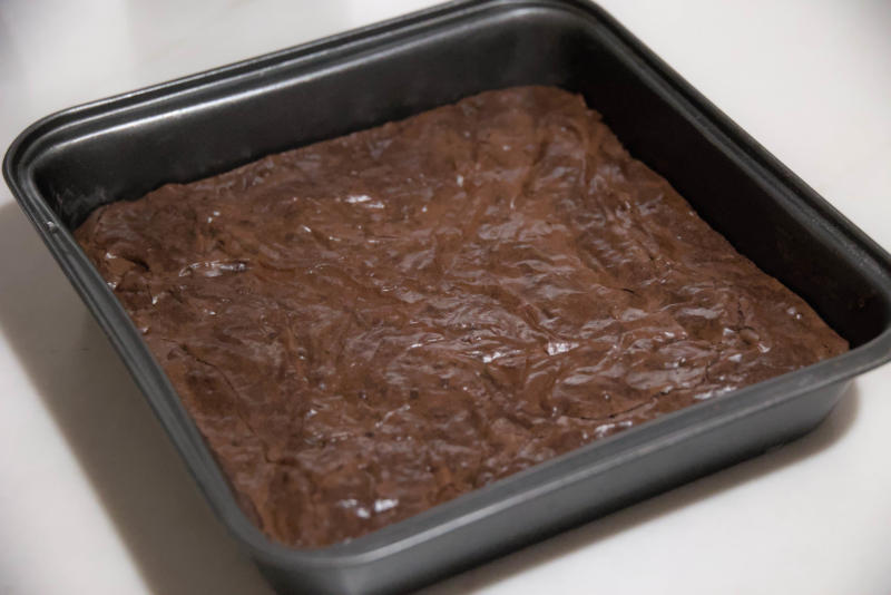An image of the brownie tin cooked with this recipe.