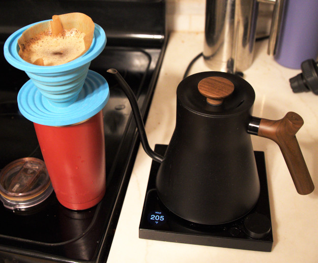 Making coffee with 16oz insulated coffee mug, pour over